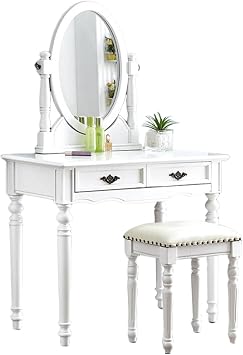 Vanity Desk,Vintage Solid Wood Makeup Vanity Set with Mirror & Stool, White Bedroom Dressing Table with 2 Storage Drawers, Elegant Makeup Desk Size 80x45x142cm