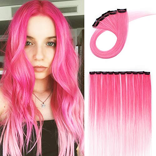 20'(50 cm) Extensoines de Colores de Cabello Clip Pelo Sintético Se Ve Natural 10 PCS Mechas Fantasía para Niñas Muñecas Lisos Postizos de pelo #Fucsia & Rosa claro