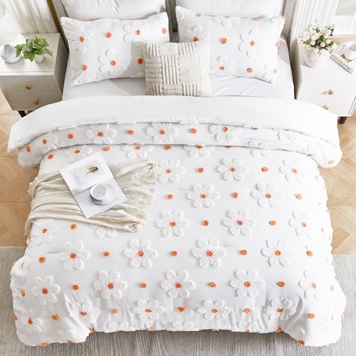 Image of Full Size Comforter Set for Girls Kids 3 Pieces Orange Flowers Bedding Set | CotComf White Comforter Set with Flowers, Bed in A Bag Lightweight Cute Bed Comforter Set for Teen Girls Women