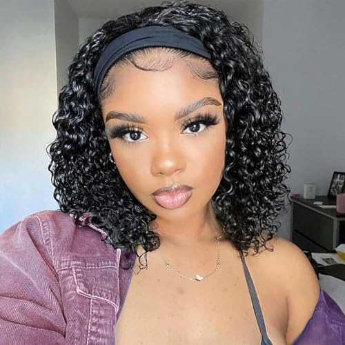 Headband Wig Human Hair Deep Wave 12 Inches None Lace Front Wig Human Hair Machine Made Wigs 150% Density Headband Curly Human Hair Wigs for Women Natural Color Half Wigs - Image 4