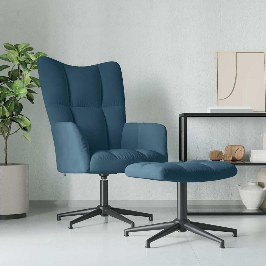 Poltrona Relax con Poggiapiedi Girevole a 360 in Velluto Blu | Poltroncina imbottita per soggiorno e camera da letto con movimento rotatorio completo e poggiapiedi abbinato.