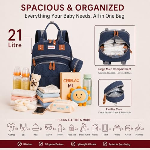 Image of Diaper Mommy Bags For Mothers for Travel - Hospital Baby Maternity Bag for Delivery Women - New Born Baby Essentials - Water-Resistant Fabric & Insulated Bottle Holders - 21 L, 14 Pockets