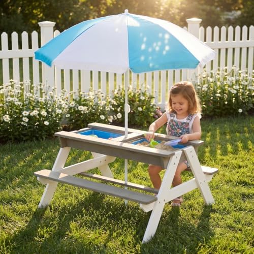 Kids Picnic Table, Wooden Sand and Water Activity Table with Umbrella