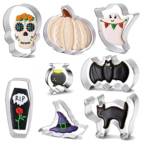 8 Piece Halloween Cookie Cutter Set - Pumpkin Bat Cat Witch Hat Ghosts Skull Coffins and Stove Shapes Biscuit Fondant Cutters for Halloween Food Party Decorations