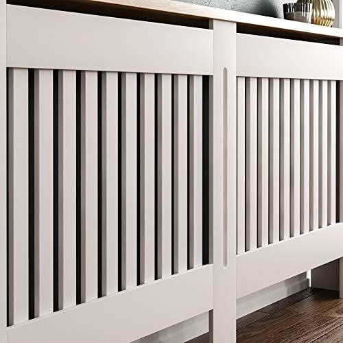 Vida Designs Arlington Radiator Cover White Modern Painted MDF Cabinet, Slats, Grill, Wood Top Shelf, Extra Large