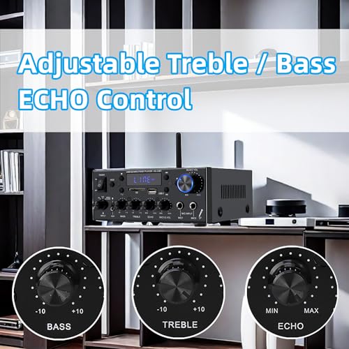 Image of Amplifier Audio 800W, 2-Channel, Bluetooth 5.0 | Home Stereo Amplifier with RMS 60Wx2, HiFi Mini Amp with Echo, MIC, USB, SD, AUX, for Home, Car, Karaoke