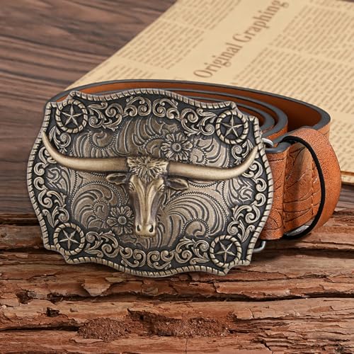 Image of HUABOLA CALYN Long Horn Bull Belt Buckles for Men Women American Flag Texas Star Belt Buckles