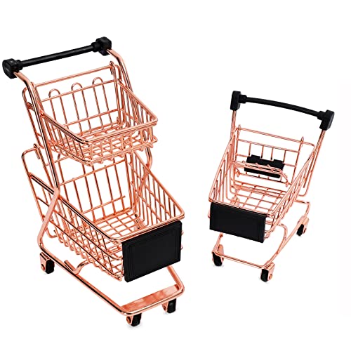 Whaline 2 Design Mini Metal Shopping Cart Rose Gold Supermarket Handcart Double Layer Grocery Cart Shopping Cart Snack Storage Toy Table Decoration For Home Bathroom Office Living Room #TOP26