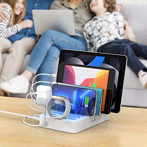 Soopii Premium 6-Port Usb Charging Station Organizer For Multiple Devices, 6 Short Charging Cables And One Upgraded I-Watch Charger Holder Included, For Phones, Tablets, And Other Electronics, White #TOP6