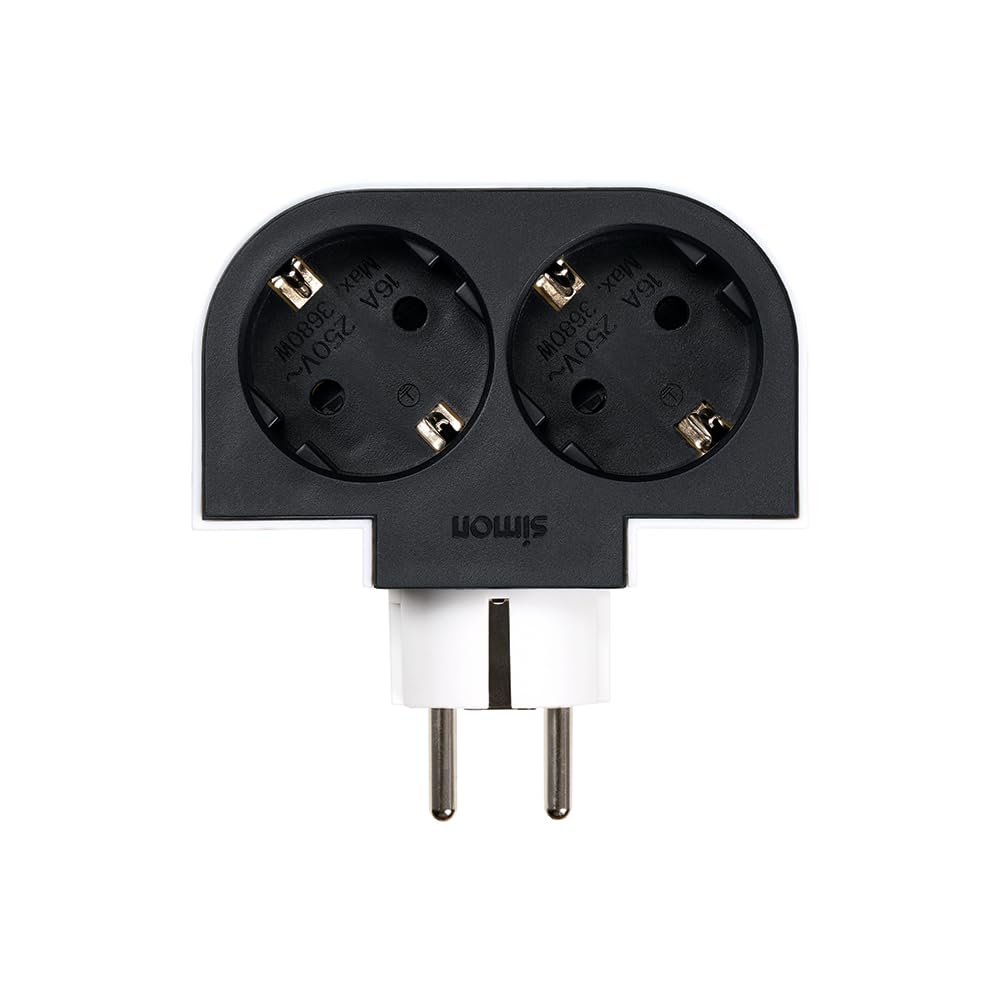 Simon – Adaptador Giratorio Plug 2 Tomas 16A (250V, 3680W), Rotación180º, Enchufe Compacto para Esquinas o Detrás de Muebles, Color Negro y Blanco