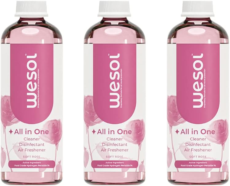 Wesol All in One Cleaner Disinfectant Air Freshener Refill Bottle (Soft Rose) - 500 ml Refill, Pack of 3 | Hydrogen Peroxide 1% w/w Base Formula | Food grade 0% alcohol