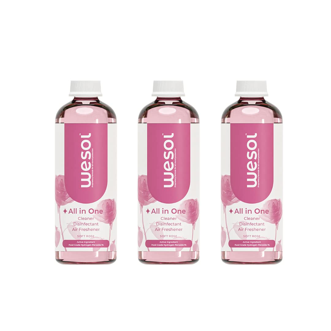 Wesol All in One Cleaner Disinfectant Air Freshener Refill Bottle (Soft Rose) - 500 ml Refill, Pack of 3 | Hydrogen Peroxide 1% w/w Base Formula | Food grade 0% alcohol