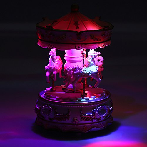 Docooler Boîte à Musique Mécanique Mini Carrousel LED Colorée Manège Boîte Musicale Cadeau pour Petite Amie Gamins Enfants Fête de Noel Rose