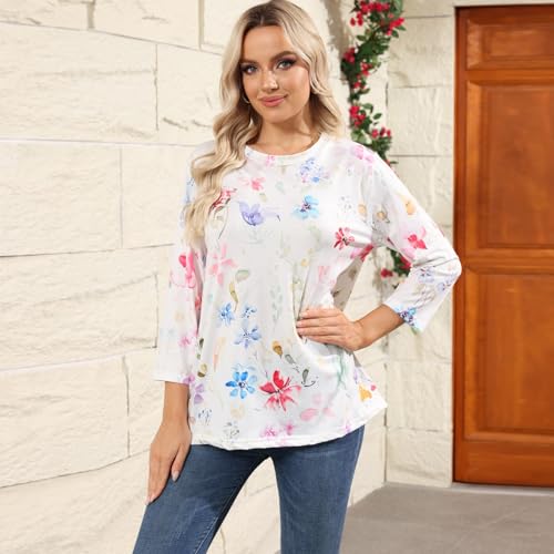 HTHLVMD Womens 3/4 Length Sleeve Tops 2025 Fall Fashion Floral Print Crewneck Causal Trendy Tunic Tops for Women