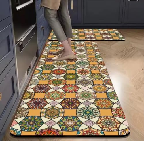 Image of HomeCloud Rubber Kitchen Mats for Floor Set of 2 Pcs|Non-Skid, Soft Absorbent Rugs for Kitchen, Laundry, and Hallway|120x40cm, 40x60cm| 4mm Thickness (Yellow Flower Circle)