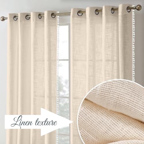 Image of THE LINEN COMPANY Cotton Sheer Grommet Curtains with Side Border Pompom Sheer Curtain for Window Linen Textured, Light Filtering, Pack of 2 (Natural, 5 Feet)