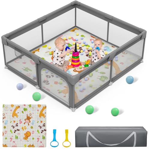 Palopalo - Palopalo Baby Playpen with Mat, 51''x51'' Extra Large Playard for Babies and Toddlers, Baby Activity Center with 8 Suction Cup Bases, Soft Breathable Mesh Infants Play Pen