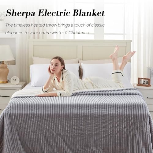 Westinghouse King Size Heated Blanket, Soft Flannel to Sherpa Reversible Electric Blanket King Size with 10 Heating Levels & 1-12 Hours Auto Shut Off, Machine Washable, (100" x 90", Light Grey)