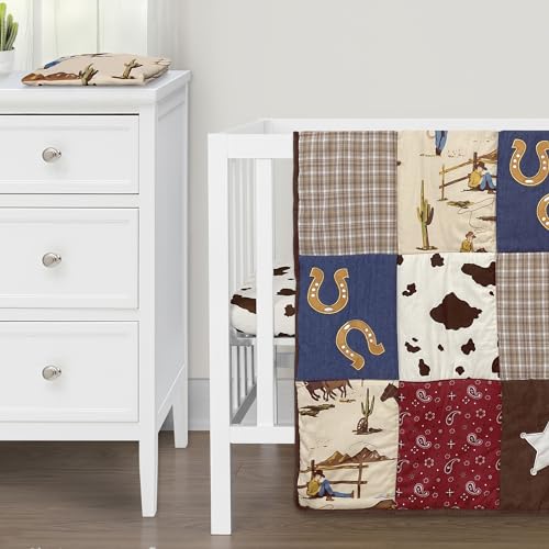 Image of Sweet Jojo Designs Brown Western Cowboy Boy Baby Mini Crib Bedding Set Infant Nursery Room Newborn Blanket Portable Pack n Play Sheets 3p Red Wild West Horse Horseshoe Cow Print Animal Bandana Plaid