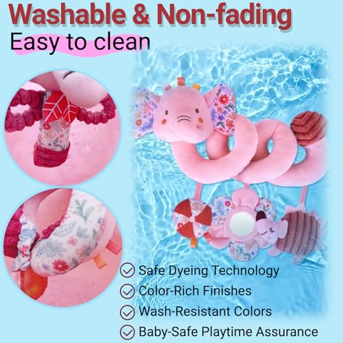 Image of Baby Toys 0-6-12 Months Spiral Car Seat Toy, Infant Stroller Hanging Carseat Rattle Stuffed Animal Newborn Girl Boy Accessories Birthday Gift 0-3-4-5-7-8-9 Month Old Mirror Pink Elephant 3PCS