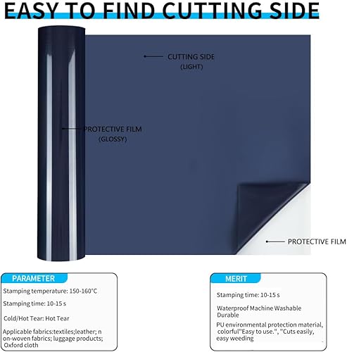 Miniatura 3 de guangyintong Rollos de vinilo de transferencia de calor, vinilo HTV de 12 pulgadas x 25 pies para camisas, vinilo azul marino para planchar en todas