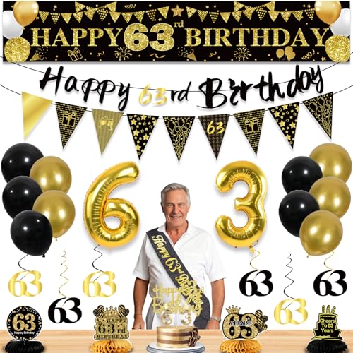 Image of 63rd Birthday Decorations for Men, Black Gold 63rd Party Decoration Kits | 27pcs Happy 63rd Birthday Set, Banner, Honeycomb, Balloons, Gold Number, Candle, Hanging Swirls, Cake Topper, Party Supplies