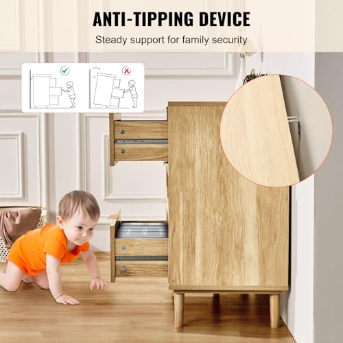 VEVOR 6 Drawer Rattan Dresser, Boho Dresser, Rattan Chest of Drawers with Spacious Storage, Natural Rattan Dresser for Bedroom, Living Room & Hallway,Rattan Nightstand with Sturdy Handles&Legs, Brown - Image 6