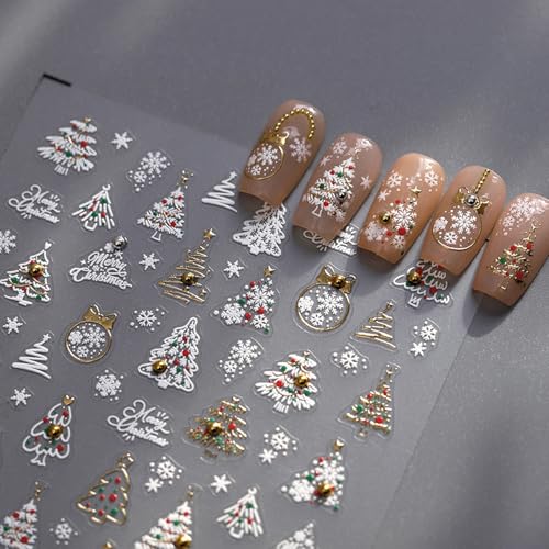 1Sheet Christmas Nail Art Stickers 5D Embossed White Gold Xmas Tree Nail Decals with Colorful Dots Design Nail Sticker Self Adhesive Bow Xmas Ball Snowflake Nail Decal for Women Holiday Nails Decor