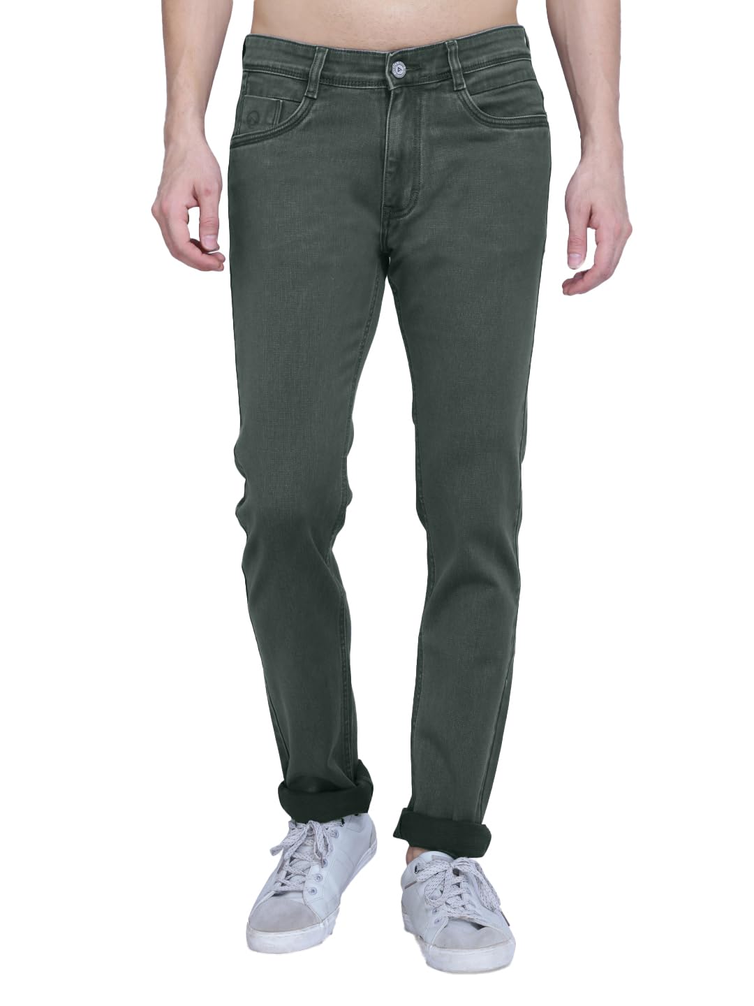 Awack Olive Green Colored Washed Mid Waist Comfort Fit Fine Textured Structured Cotton Stretchable Denim Fabric Jeans Pant for Men