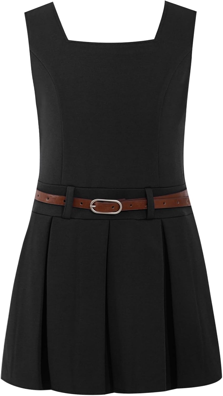 Linjinx Kids Girls School Jumper Dress Square Neck Sleeveless Pleated A-line Dress with Belt Student Uniform Daily Wear