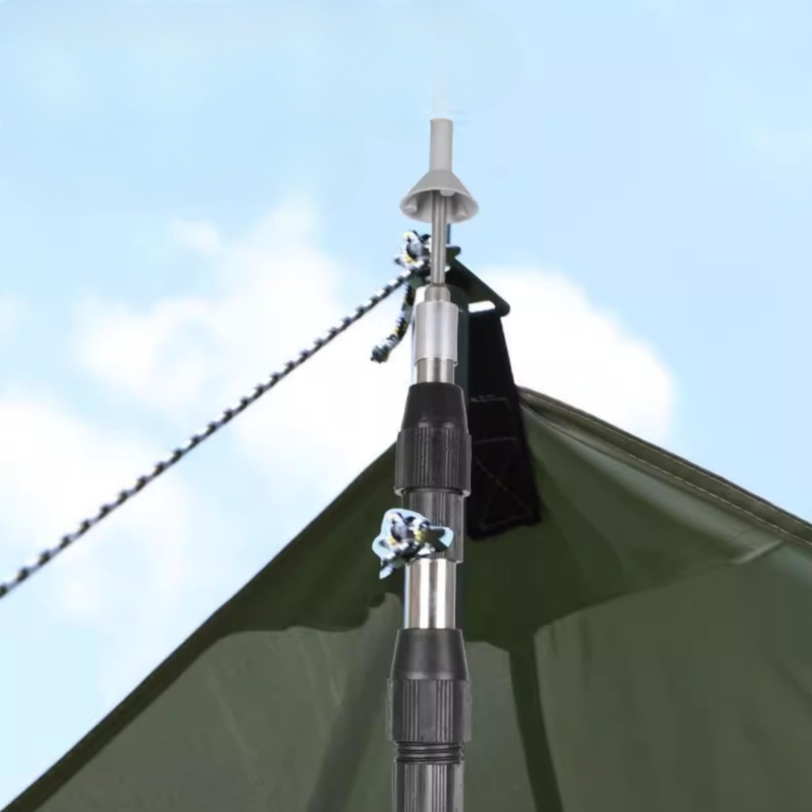 Piquet de Tente Ajustable Mât Bâton Réglable Acier Inoxydable Antidérapant Téléscopique avec Verrouillage et Embout Haut Anti-Infiltration pour Abris sous Pluie Camping Randonnée, 3 Mètres
