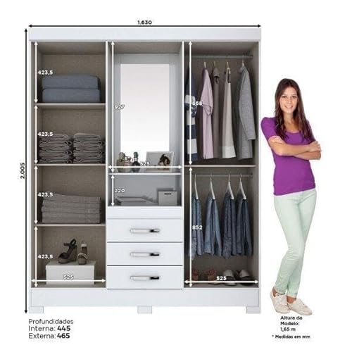Guarda Roupa Solteiro com Espelho 4 Portas 3 Gavetas BHappy Siena Móveis Branco/Branco Rosa