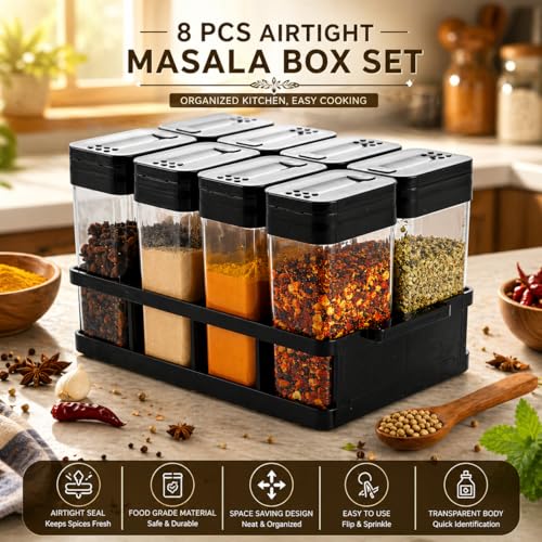 Image of 8 Pcs Airtight Masala Box with Stand, Transparent Spice Container Set for Kitchen, BPA-Free Plastic Masala Dabba, Space Saving Spice Organizer Rack, Kitchen Storage Containers for Spices Dry Item