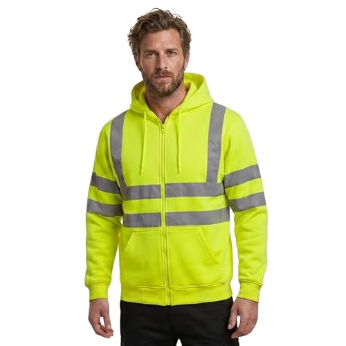 Image of Hi Vis Viz Zip Hoodie Fleece Jacket Men Full Zip High Visibility Workwear Sweatshirt Reflective Tape Safety Hooded Jumper Yellow M