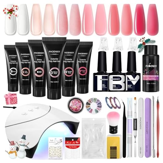 Phoenixy Gel de Extensión de Uñas Completo Kit, 6 Colores Kit Uñas de Gel con Lámpara 36W Nude Claro Rojo Gel Uñas Kit con Capa Base Superior y Mate, 60 Uñas Postizas, Regalo para Mujeres