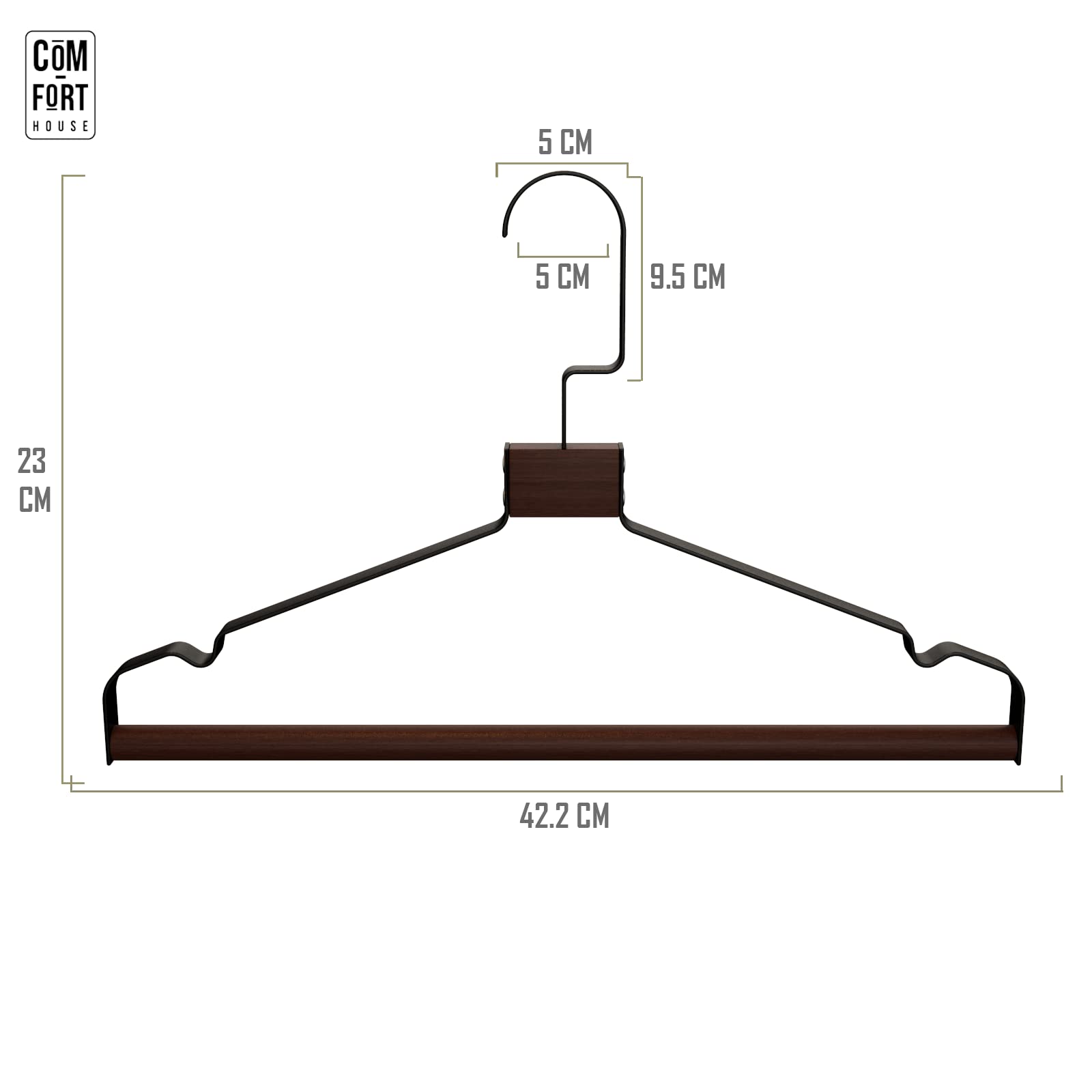 Percha de Metal con Barra de Madera Negra Pack 30 COM-FORT HOUSE | Barra de madera, Muescas antideslizantes, Alta resistencia, Ahorra espacio