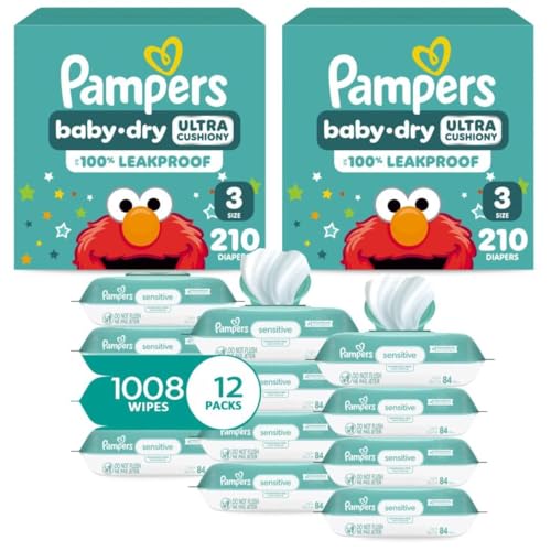Image of Pampers Baby Dry Disposable Baby Diapers Size 3, 2 Month Supply (2 x 210 Count) with Sensitive Water Based Baby Wipes 12X Multi Pack Pop-Top and Refill (1008 Count)
