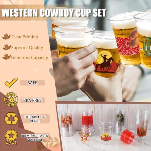 image for CUPLOOV 50Pcs Western Cowboy Plastic Cups,12 OZ Disposable Cowboy Them
