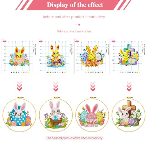 Image of Zhenging Easter Cross Stitch Kit with 4 Bunny & EggPatterns -9.45x9.45 Inch Hoop, Pre-Printed Fabric,Threads, Tools -DlY Easter Craft Gift for Adults, HomeDecor