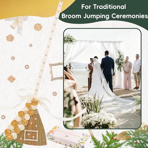 SAMAUAU Wedding Broom for Jumping Ceremony – 40in White & Gold Ceremonial Keepsake with Velvet Roses, Crystals, Brooch & Photo Frame, African American Jump The Broom Gift - Thumbnail 6