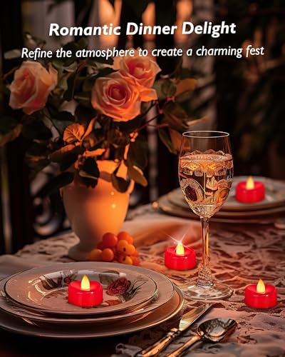 Image of merrynights LED Candles, 24 Pack Tea Lights Candles Battery Operated, Flameless Tealight Candle, Realistic Tea Lights for Halloween Christmas Party Decor -D 1.5 inch x H 1.25 inch-Red