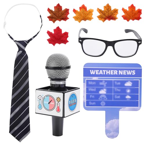 Kids Meteorologist Costume Set Weather Toys for Kids Glasses Microphone Weather Man Necktie Maple Leaves Weather Chart Prop for Career Day Party