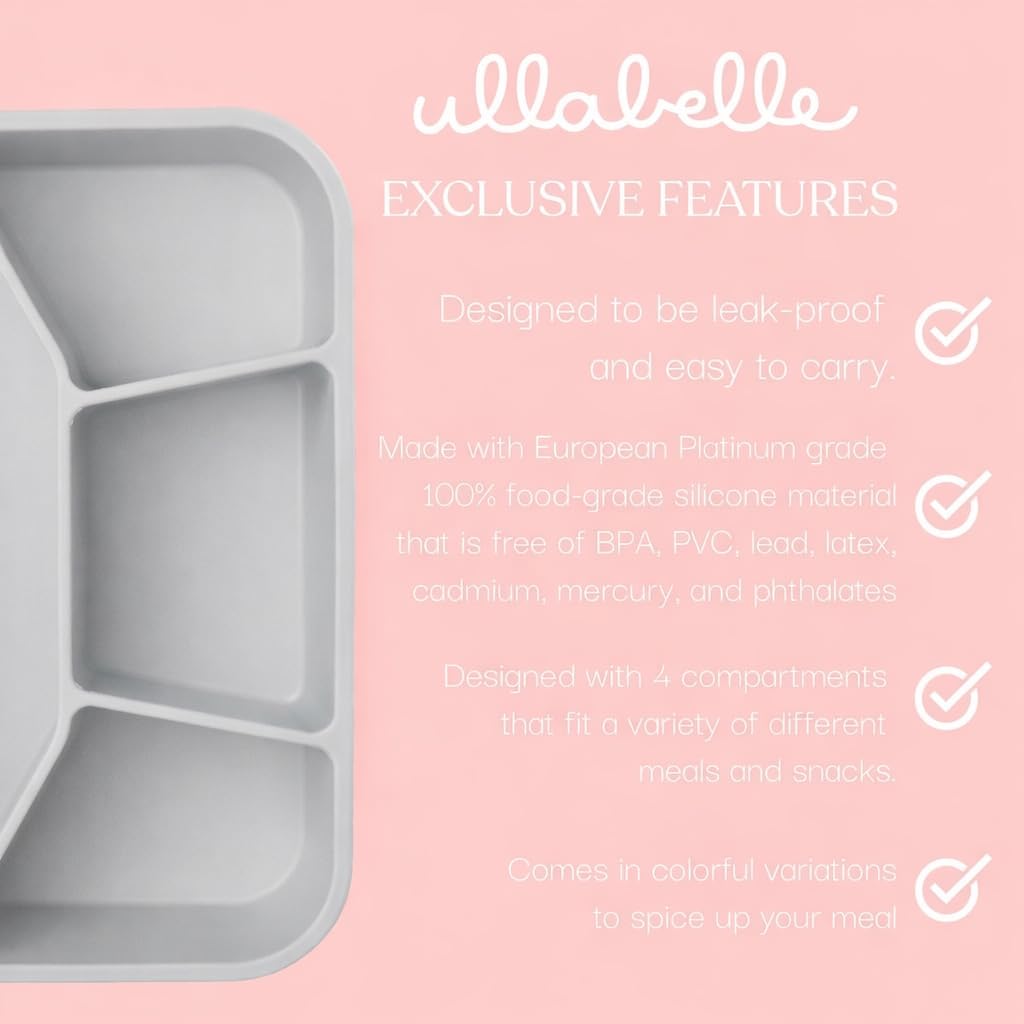 Ullabelle Silicone Bento Box |Portable, Leak Resistant, Food-Grade (Grey 4 Bento), Standard