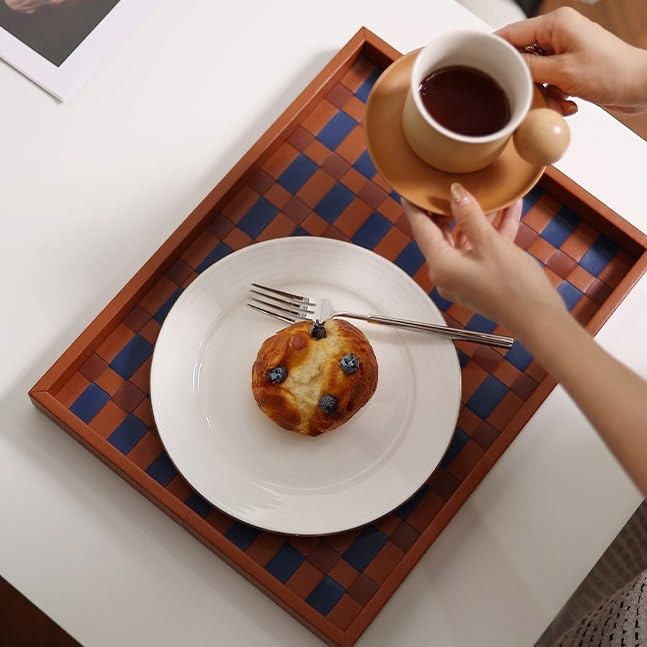 Bandejas Servir Comida Bandeja de Tablero ajedrez Tejida a Mano, Bandeja Almacenamiento Cuero for Sala Estar, aromaterapia for cosméticos Dormitorio Mesa Cama