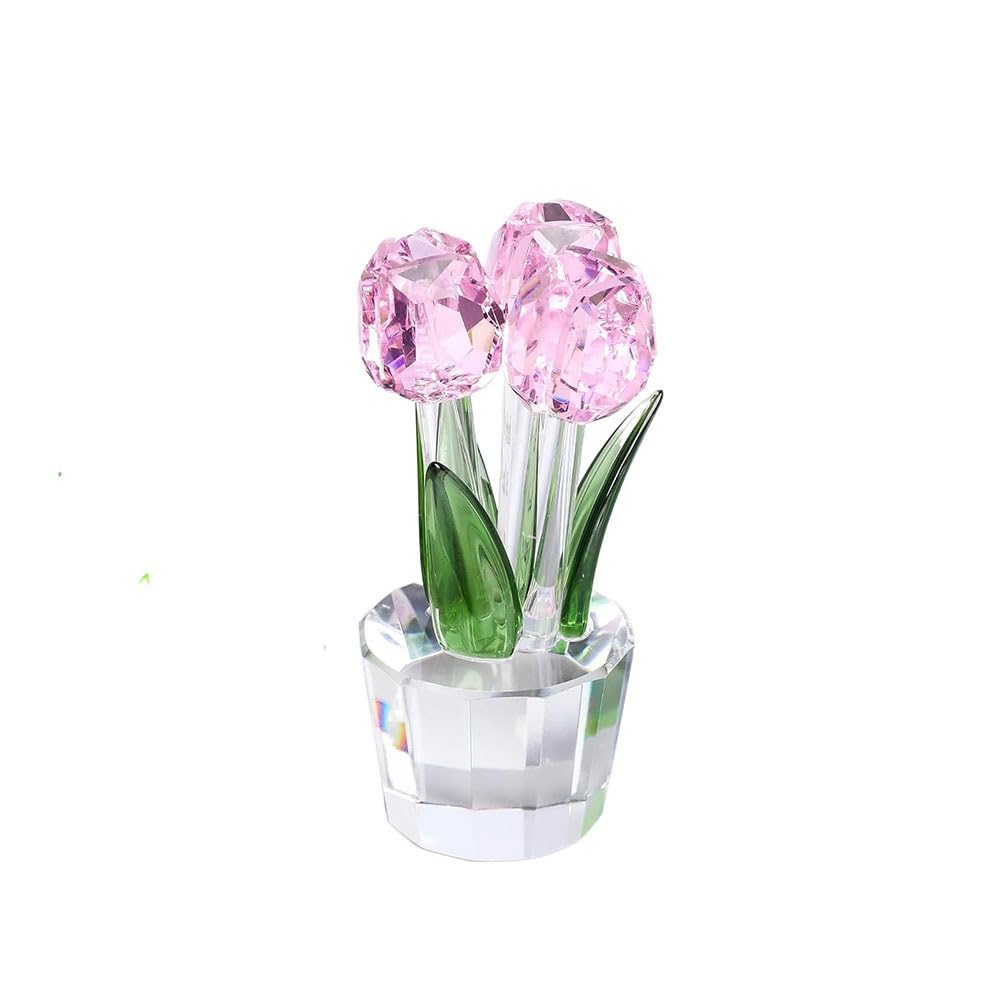 Crystal Tulip Sculpture,Romantic Flower Figurine,Tulip Bouquet Statue,Glass Tulips Flowers Figurines,Floral Art Display Ornament(Pink)
