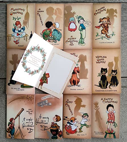 Image of PIXILUV CUTE CHRISTMAS (Pack of 12) Notecards Small Greeting Cards # Cute Cartoon Kids and Their Shadows ~ Vintage Christmas Postcards Reprint