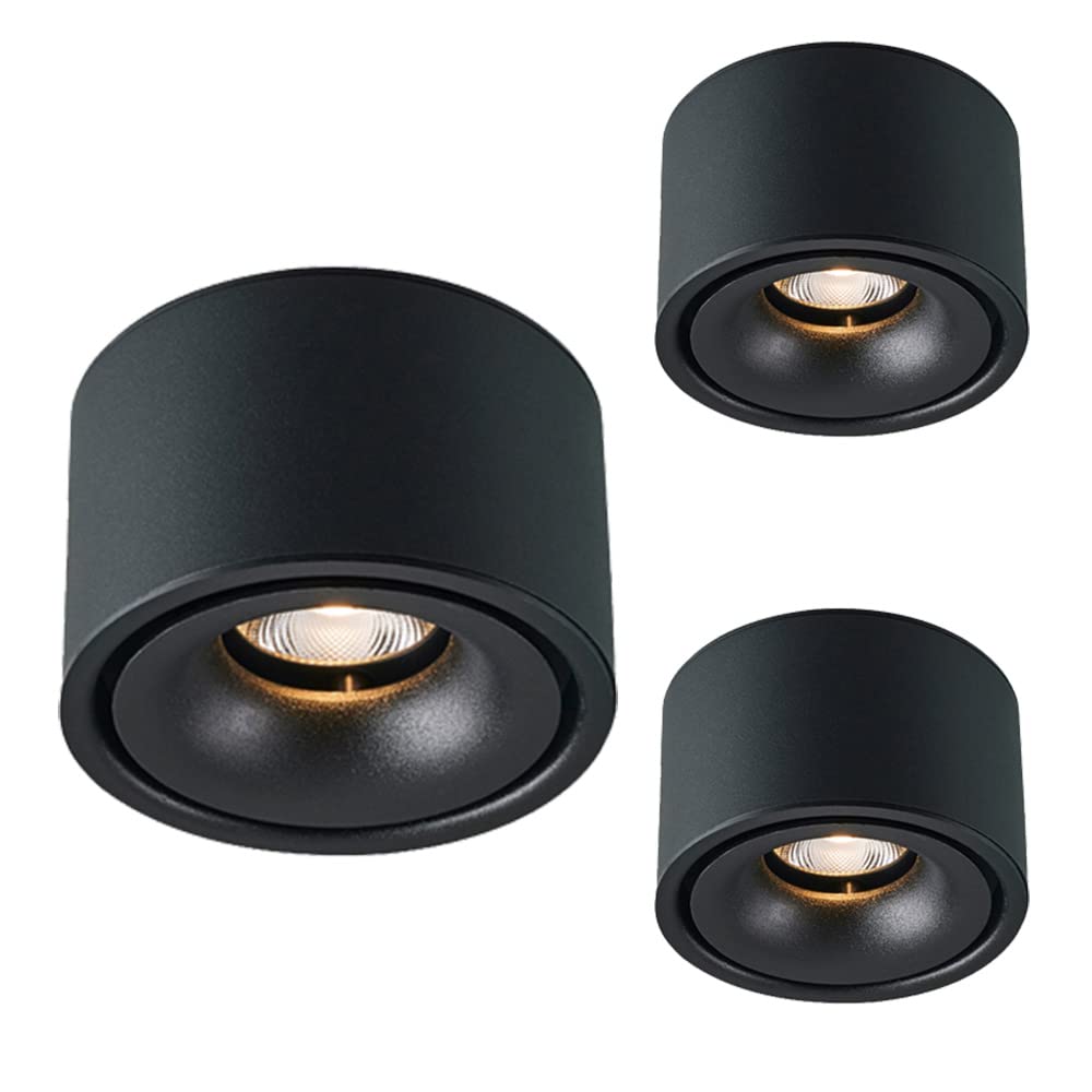 3 Pack Round Surface Mounted Downlights with Baffle Trim 5W 7W 12W Surface Mounted Ceiling Lamps Spot Light Daylight Retrofit Downlight 80 84lm/W Energy Efficient LED Downlight Fixtures