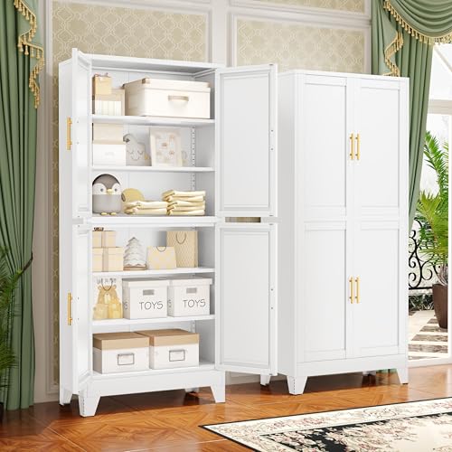 Image of GAIOUS 75.2 inch Tall Metal Pantry Cabinet, Kitchen Pantry Storage Cabinets with 4 Door and 4 Adjustable Shelves, White Storage Cabinet, Freestanding Cupboard for Kitchen Dining Room Living Room Bathroom
