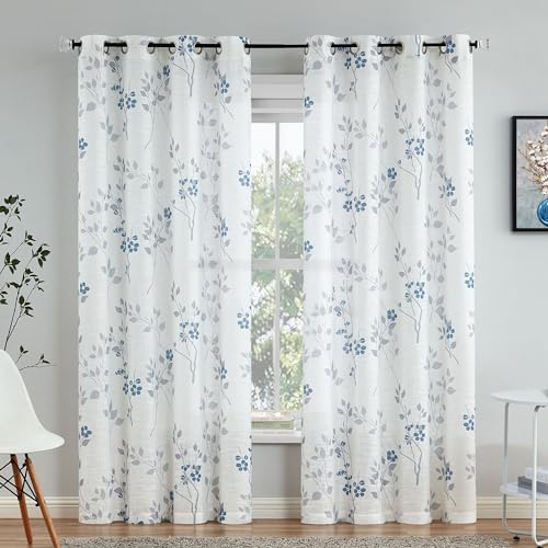 Image of Beauoop Floral linen Semi Sheer Curtains 96 Inches Long 2 Panels for Living Room Bedroom Blue Grey Farmhouse Flower Patterned Light Filtering Textured Grommet Top Window Treatments Drapes, 50x96 2 Set | Farmhouse Flower Patterned Blue White Light Filtering Drapes for Bedroom 96 Inch Long Textured Window Treatment Grommet