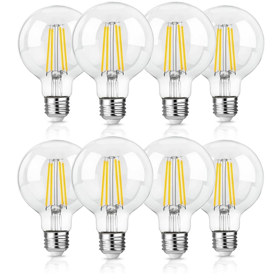 Image of FLSNT G25 LED Globe Edison Bulbs for Bathroom Vanity & Mirror Lighting, 3000K Dimmable, 60W Equivalent, E26 Base, Clear Glass Decorative Bulbs, 8 Pack